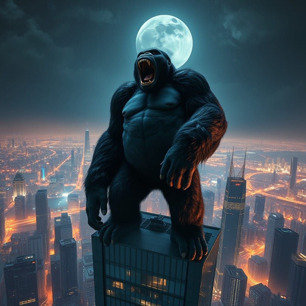 King Kong Dominates a Futuristic Metropolis in Cyberpunk Sty...