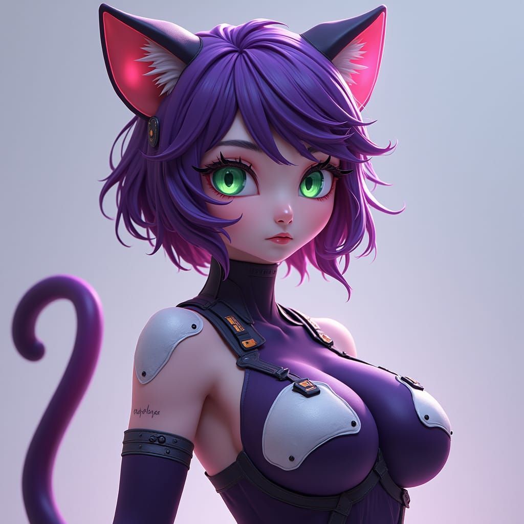 Cybernetic Catgirl in Neon Fantasy Style
