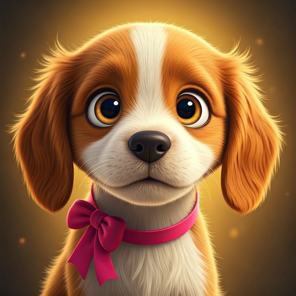 Cute Puppy with Pink Ribbon in Pixar Style