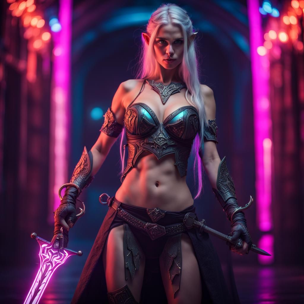 Medieval Sci-Fi Elf Woman with Neon Sword in Photorealistic ...