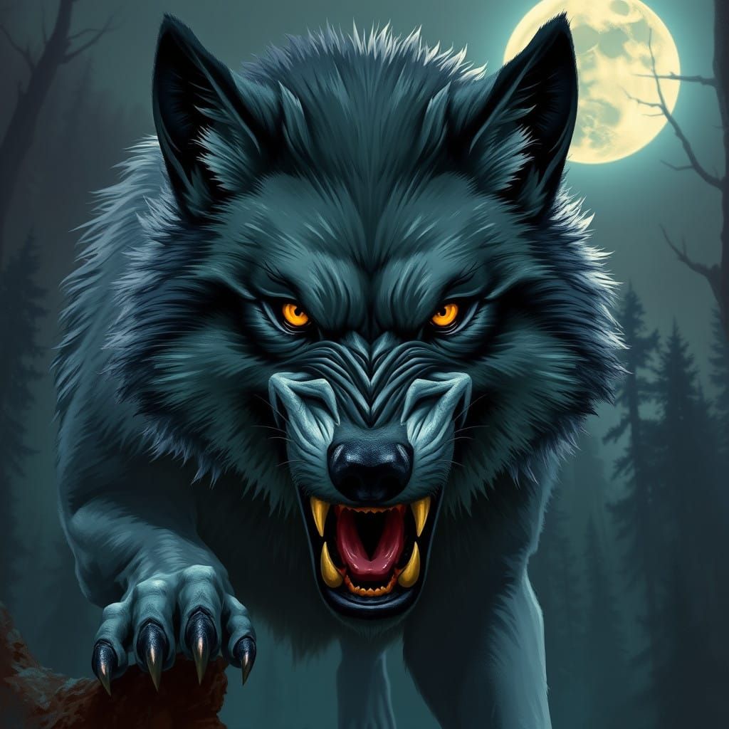Majestic Grey Wolf with Oversized Fangs in Dark Fantasy Styl...