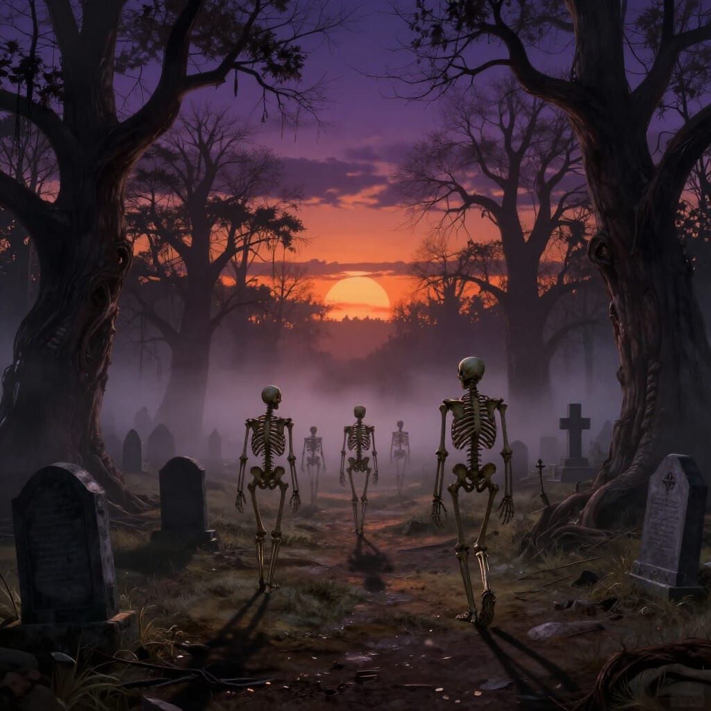 Eerie Great Valley Skeletons Marching to Graveyard at Dusk