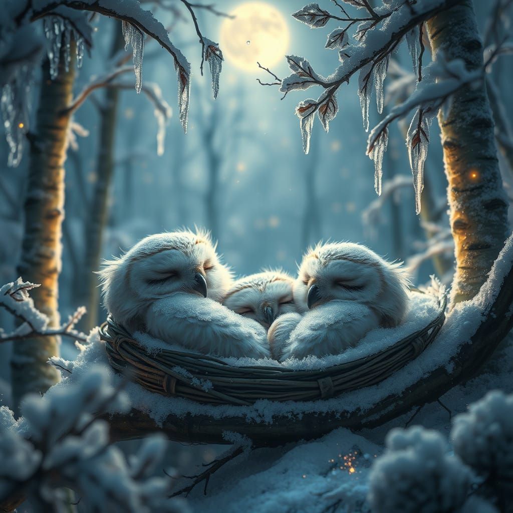 Ethereal Winter Scene with Sleeping Owlets in Fantasy Style