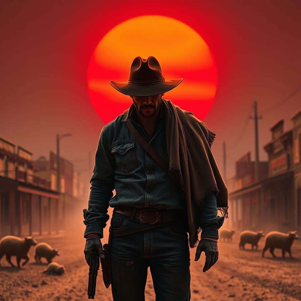 Brooding Gunslinger Silhouette at Sunset