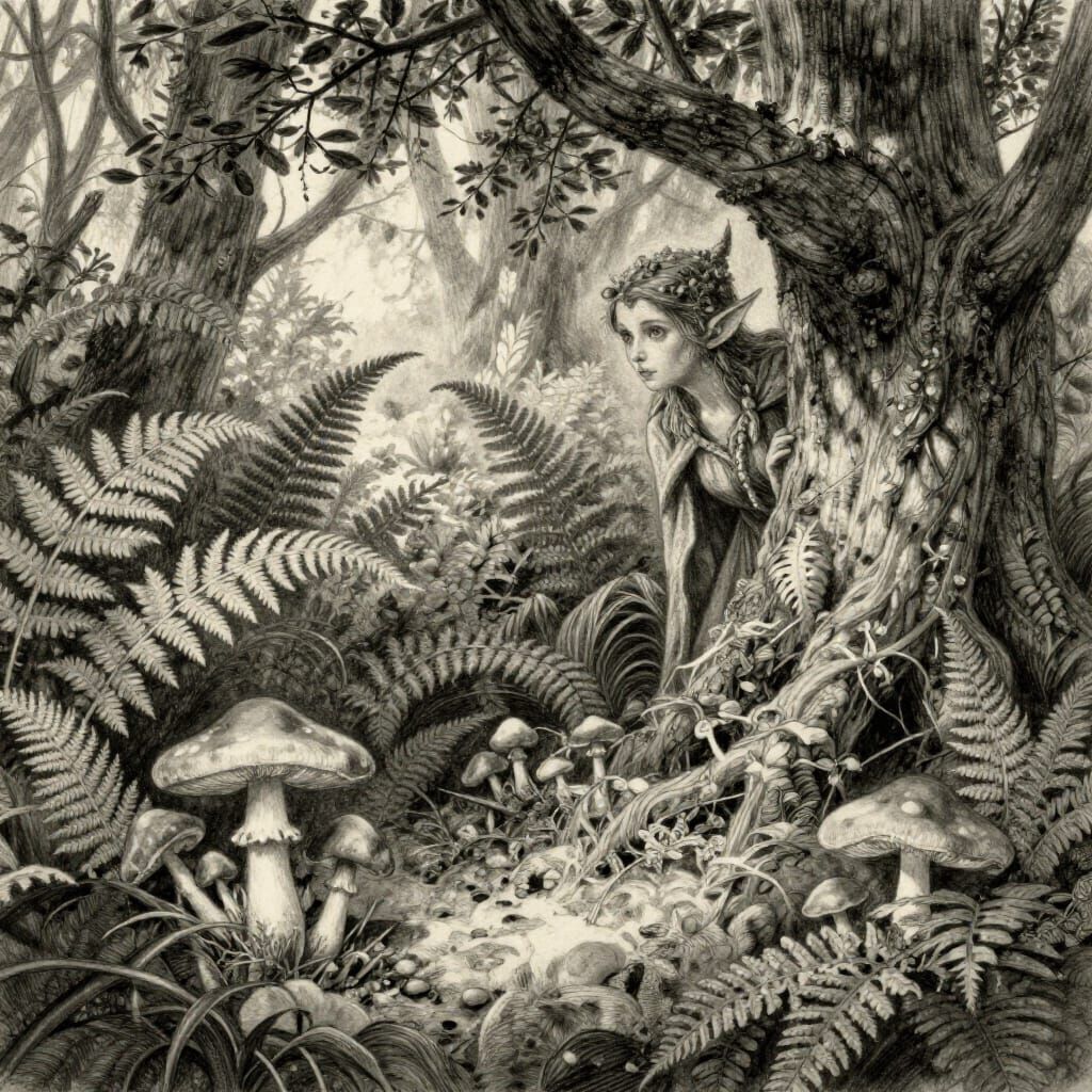 Magical Woodland Scene with Elf in Charcoal Style