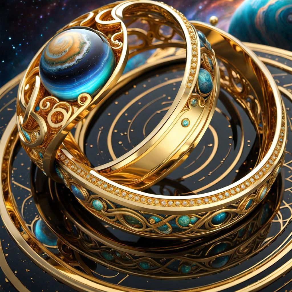 Golden Infinity Ring with Detailed Planets