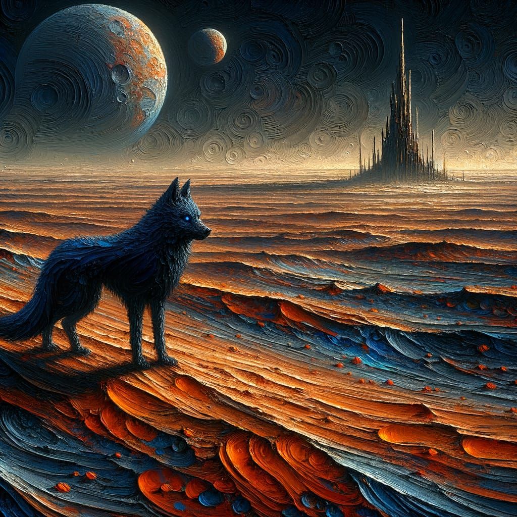 Solitary Wolf on Mars in Dark Fantasy Style