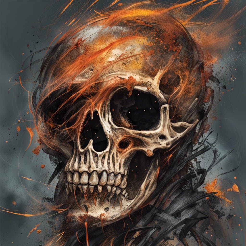 Fiery Skeleton in Hell, Watercolour Calligraphy Style