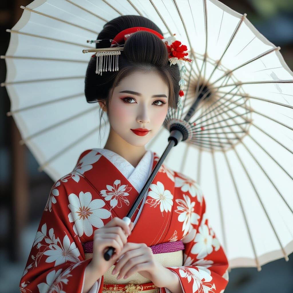 Elegant Japanese Woman with Umbrella in Kimono
