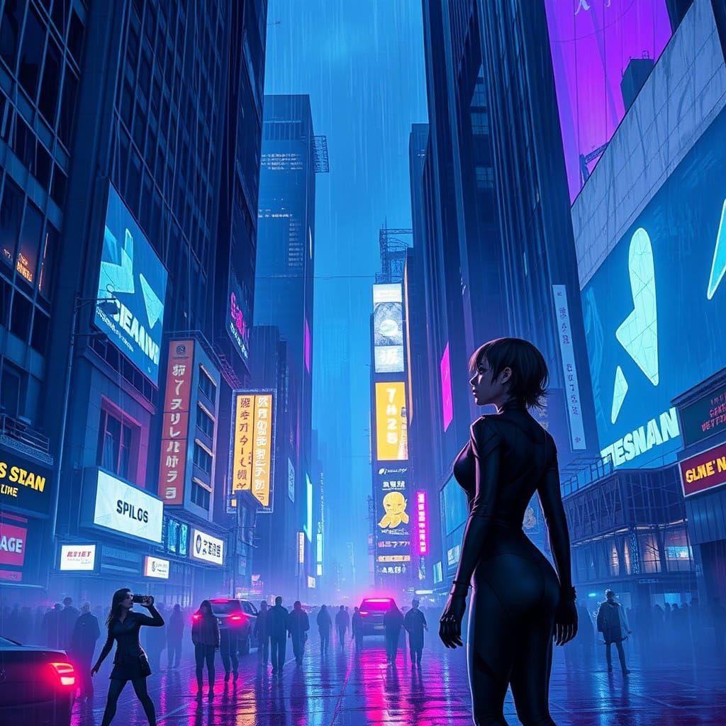 Cyberpunk Cityscape at Night with Neon Rain and Holograms