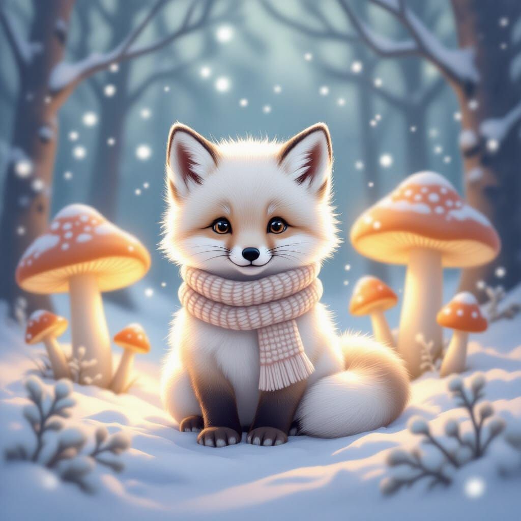 Arctic Fox Cub Among Glowing Mushrooms in Surreal Forest