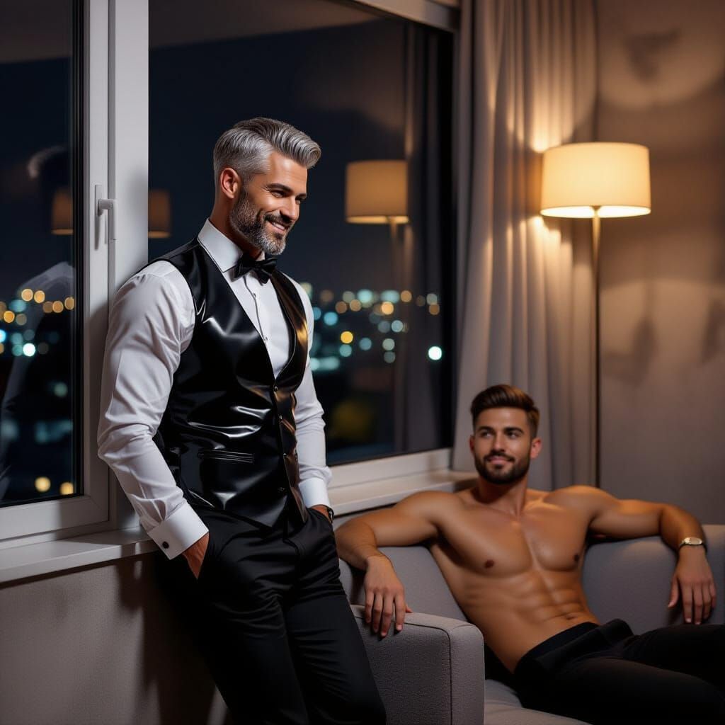 Gay Couple in Cozy Brutalist Apartment at Night