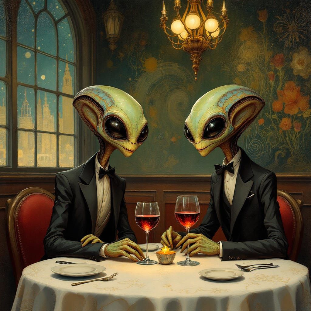 Two aliens on a date in a fancy restaurant. art deco Dan Mum...
