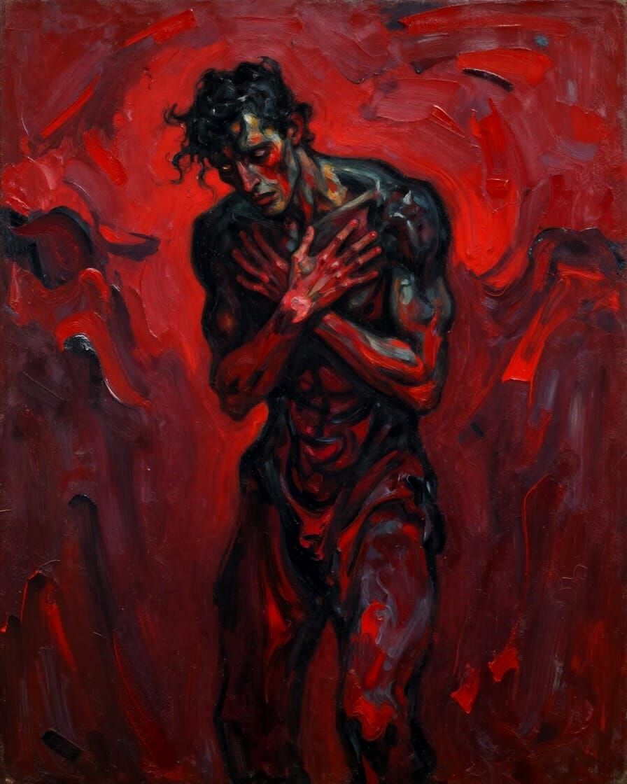 Expressionist Figure Clutches Chest Amidst Crimson Waves