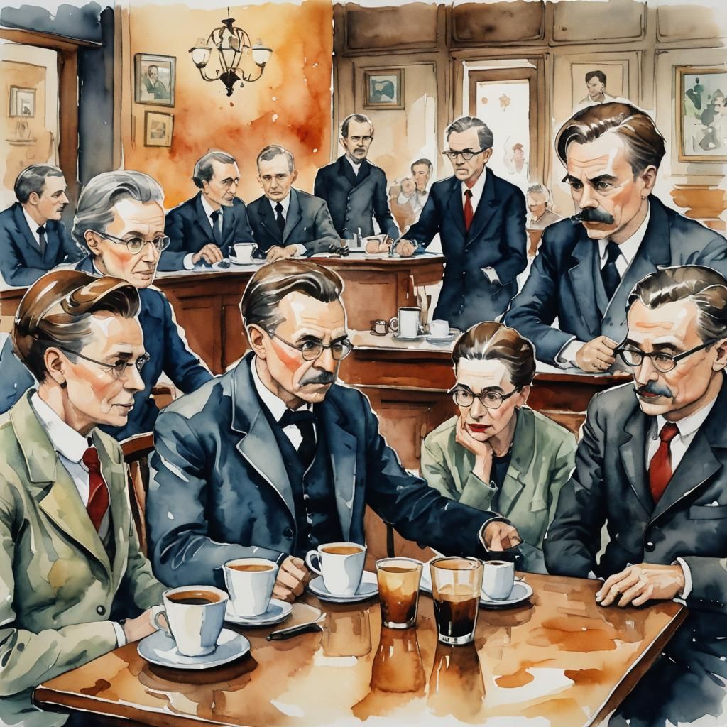 Philosophers at Coffee Shop: Watercolor Illustration