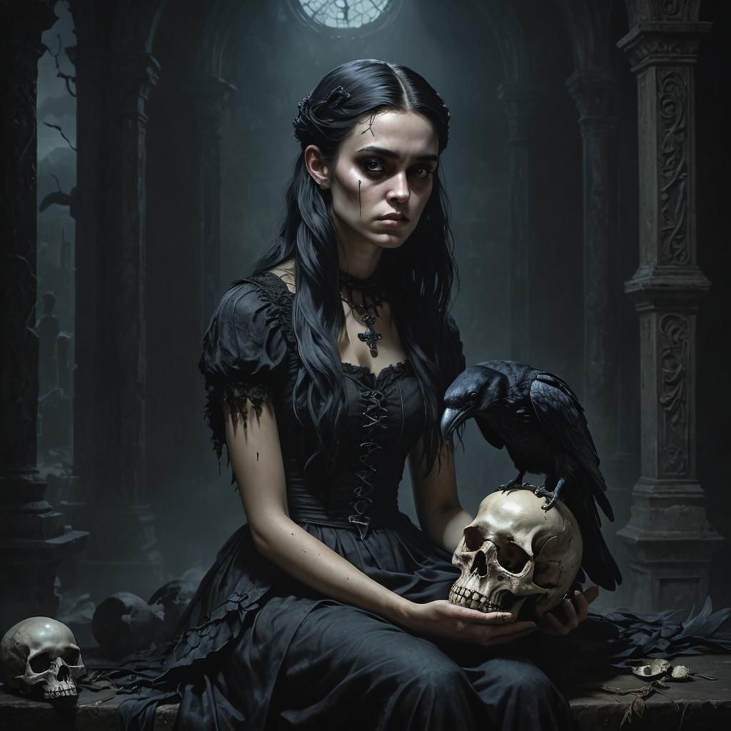 Gothic Girl with Raven and Skull in Dark Fantasy Style