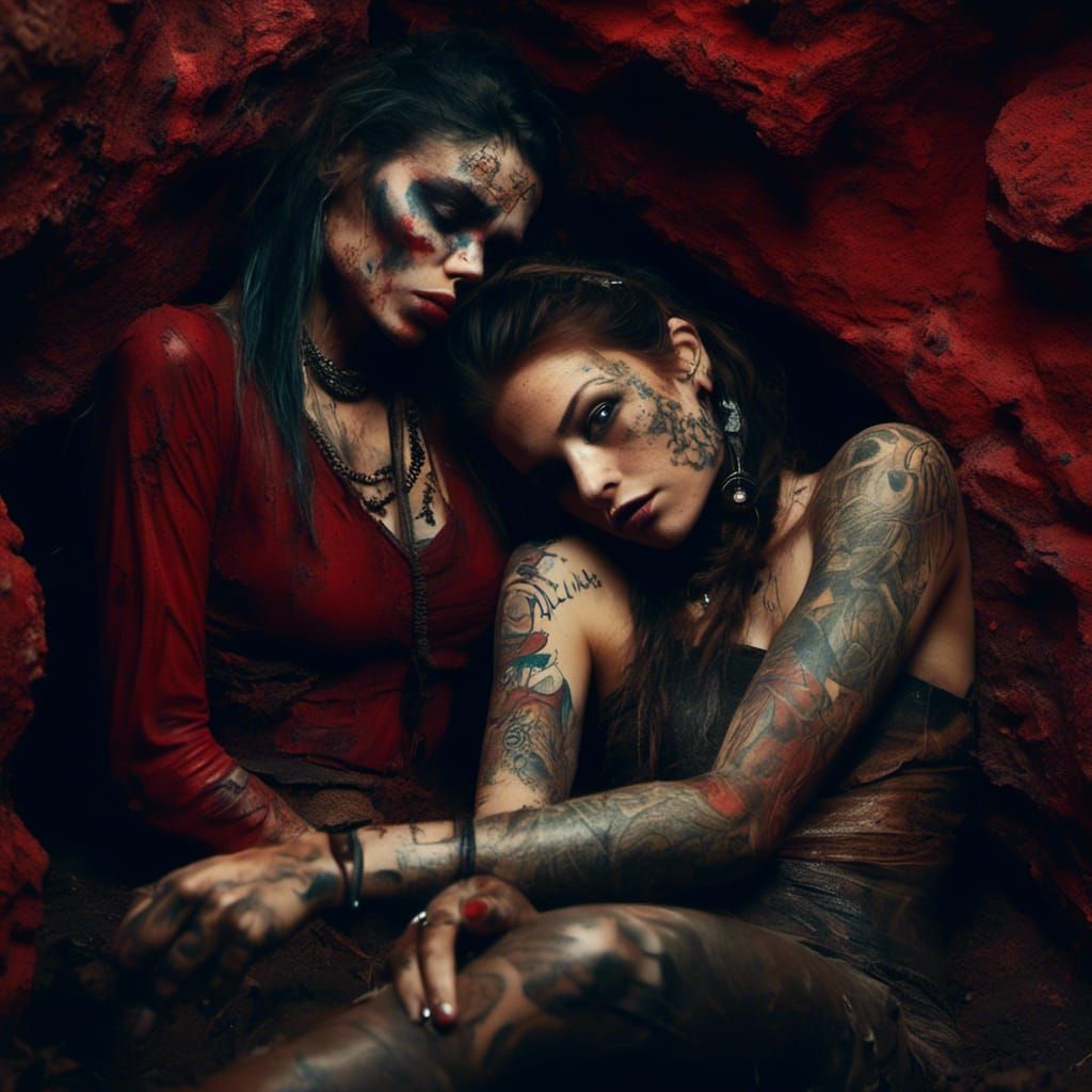 Tattooed Women Embrace in Red Cave Portrait