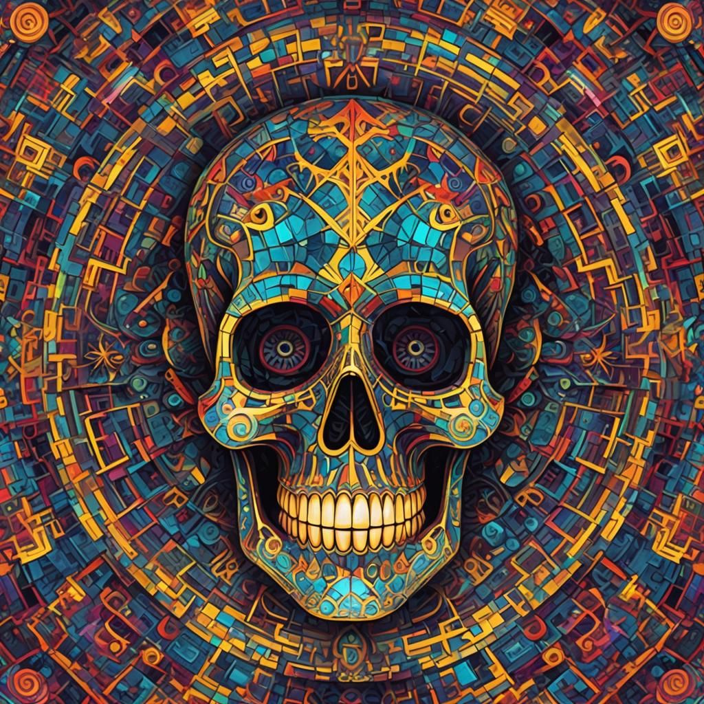 Hyperdetailed Fractal Mosaic Sugar Skull in Synthwave Style