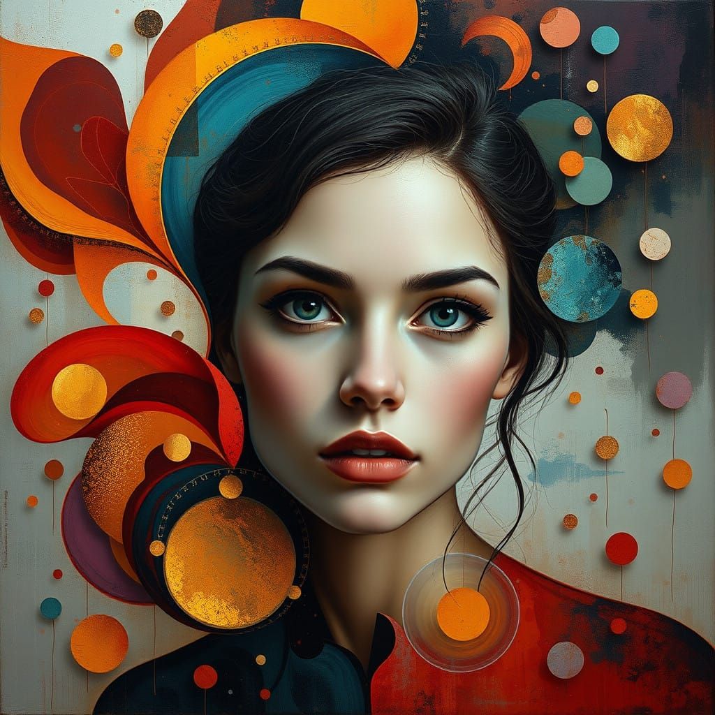 Portrait of Enchanting Woman in Whirling Abstract Landscape