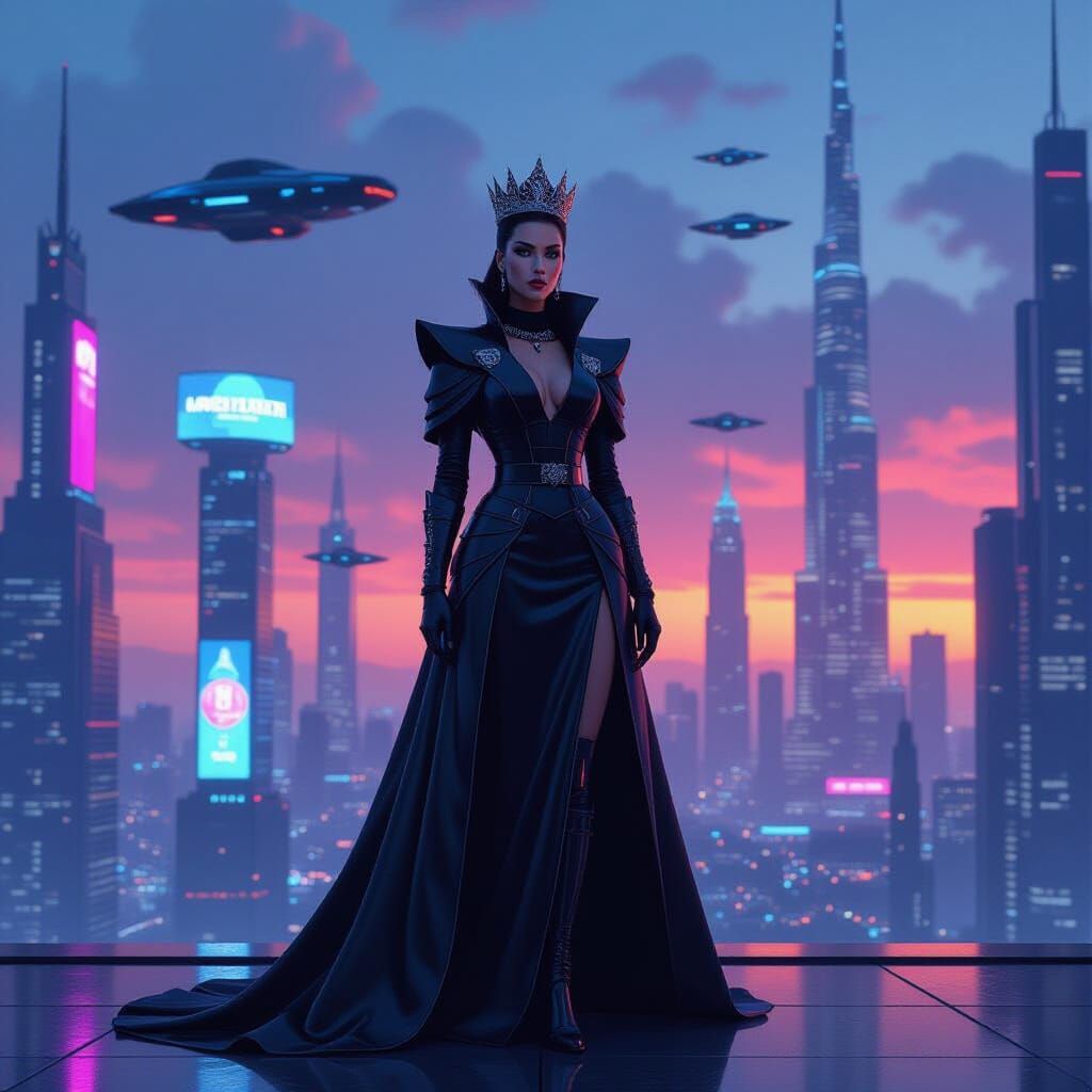 Futuristic Queen in Dystopian Cityscape at Dusk
