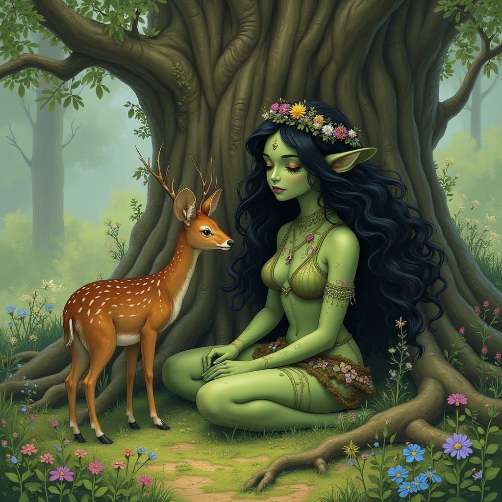 Nature Spirit Sits Among Ancient Oak Roots Wearing Floral Ga...