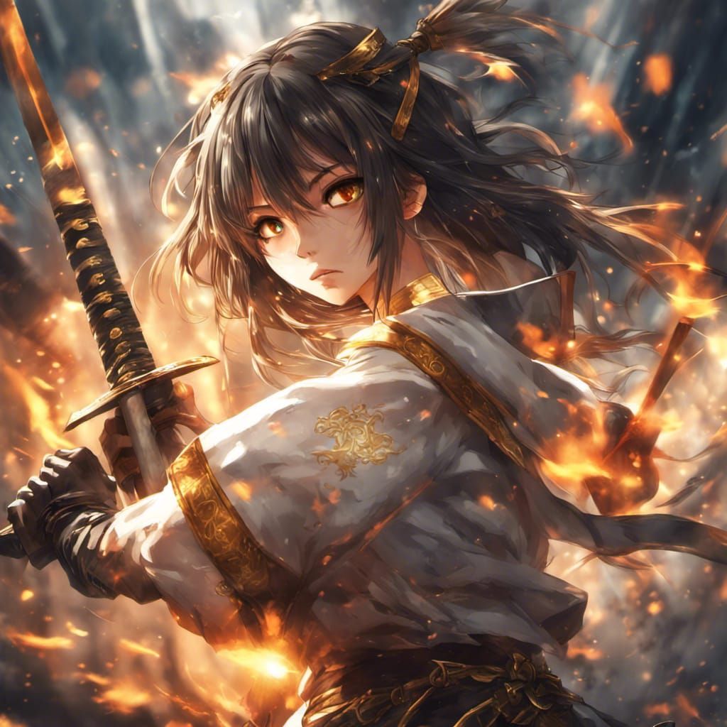 Anime Girl with Flaming Katana in Flight