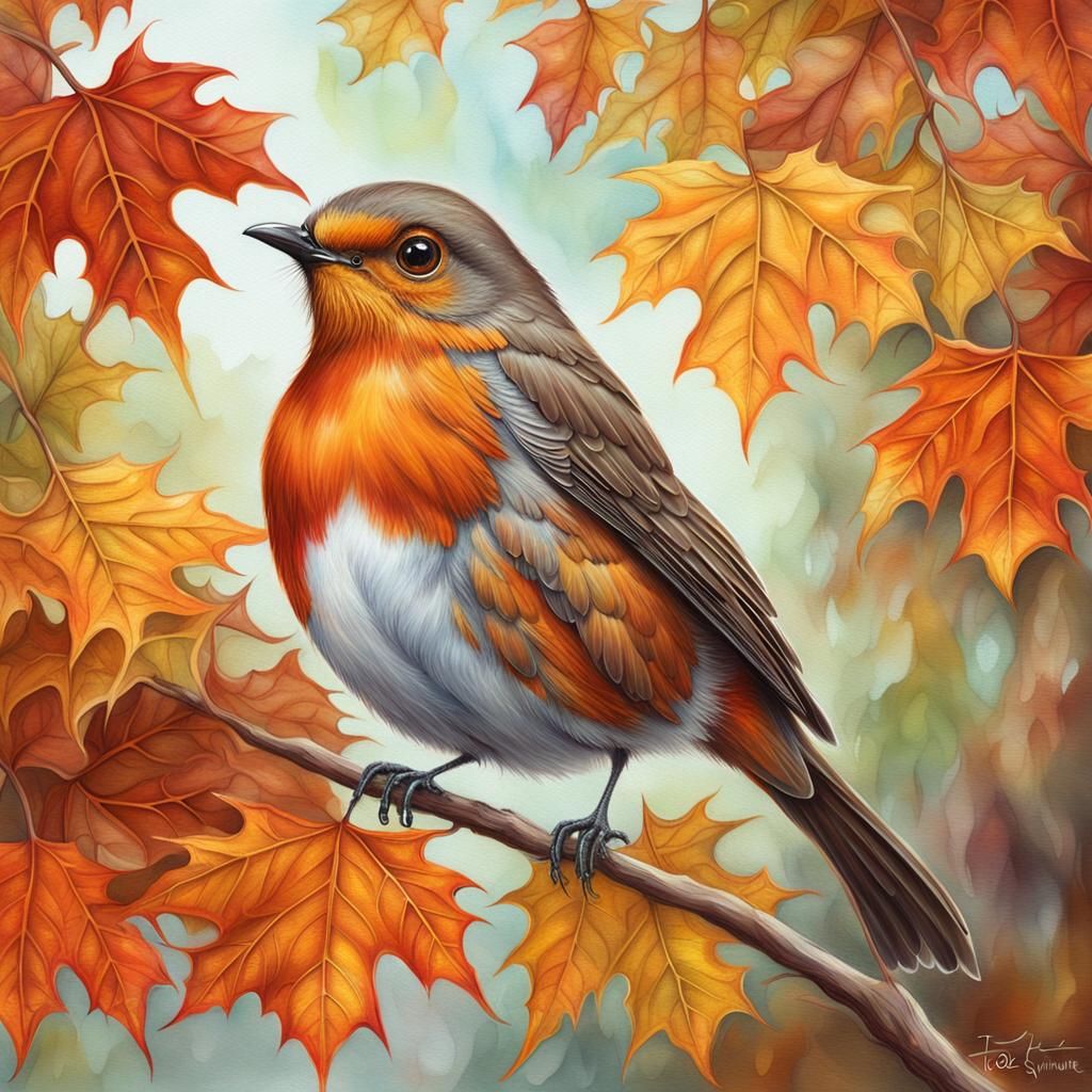 Sparkling Autumn Robin in Maple Tree