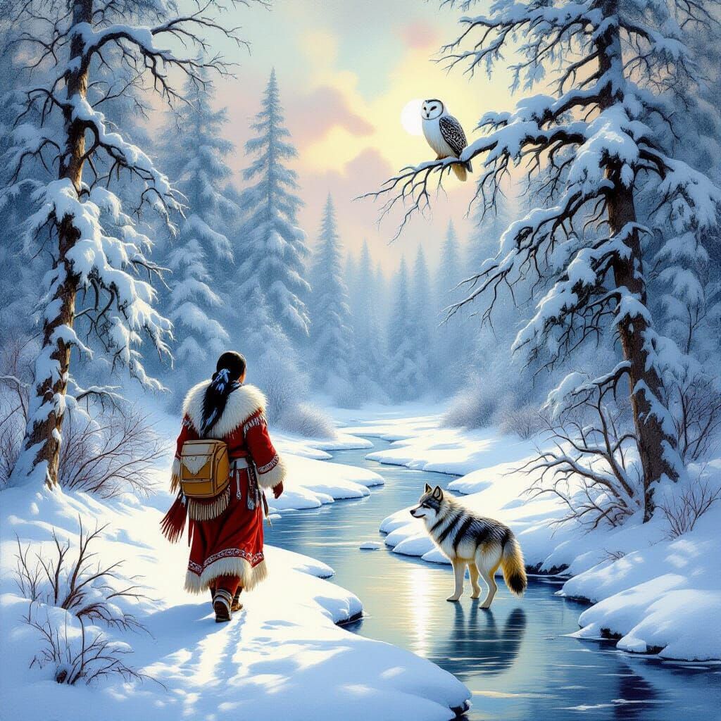 Native Woman and Wolf in Snowy Forest Oil Painting