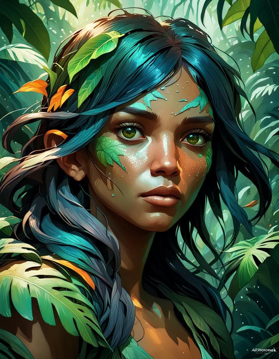 Detailed Jungle Portrait in Art Nouveau Style