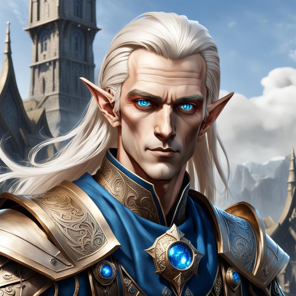 Steampunk High Elf Lord Drannor Glynthyra, with white-blond hair, bronze skin, and blue eyes.