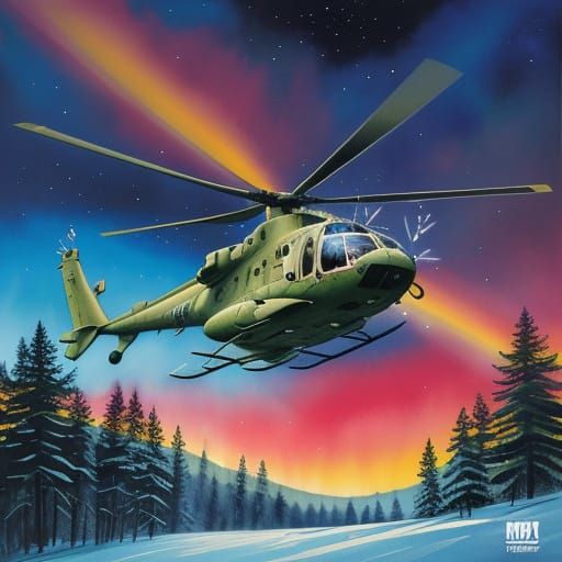 Winter Nighttime Helicopter Scene in Watercolor Comic Book S...
