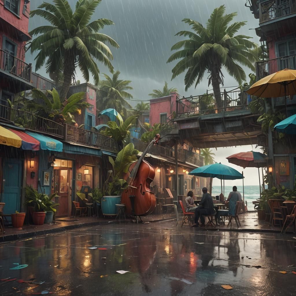 Abstract Caribbean Beach Jazz Scene in Surreal Style