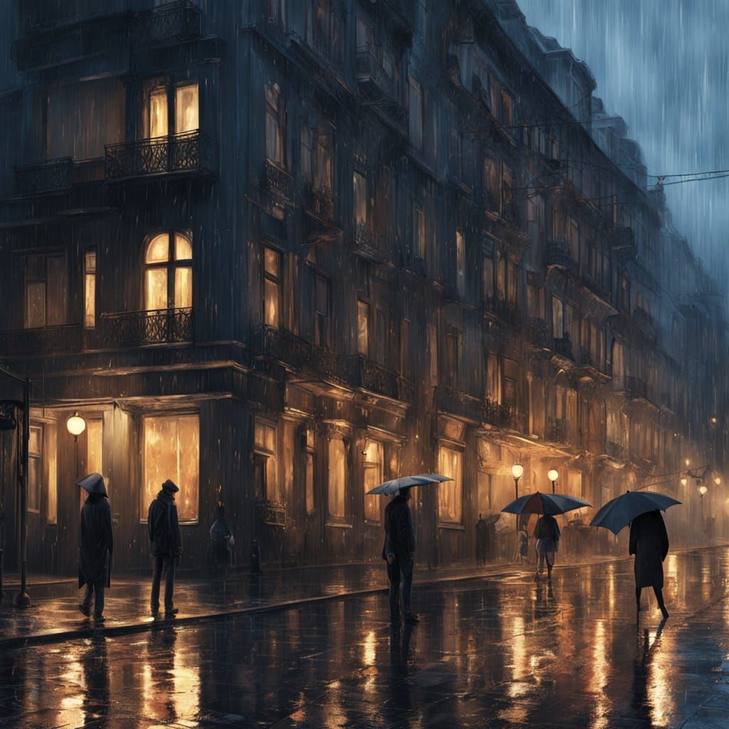 Greg Rutkowski Inspired Futuristic Cityscape at Rainy Evenin...