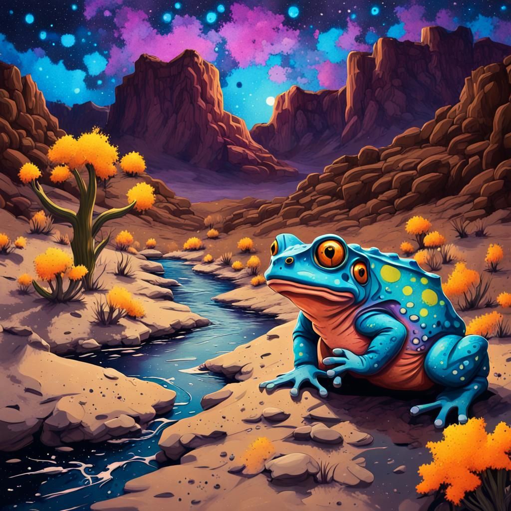 Desert Toads in Starry Canyon, Ink Splatter Art