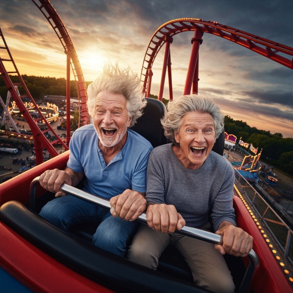 Joyful Seniors on Rollercoaster Ride at Sunset