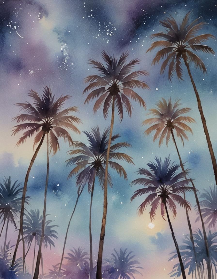 Palm Trees Swaying Under Twinkling Stars in Watercolour