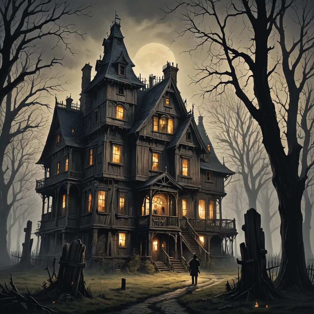 Eerie Candlelit Haunted House at Night