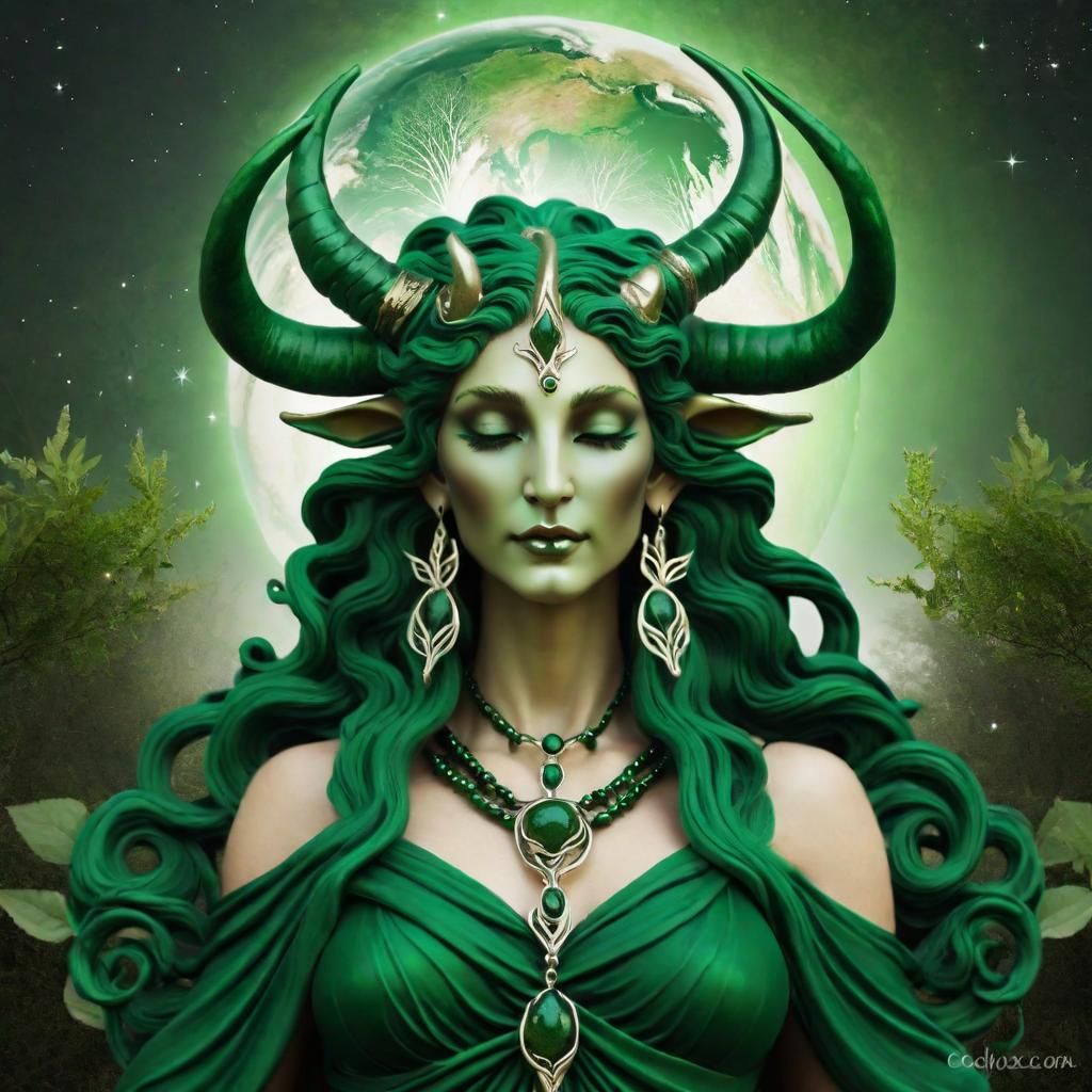 Dark Green Horned Earth Goddess Portrait