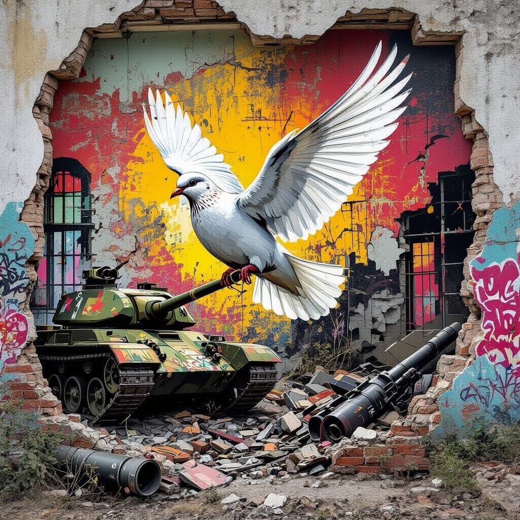 Graffiti Mural: Dove, Tank, and Prison in Bold Colors