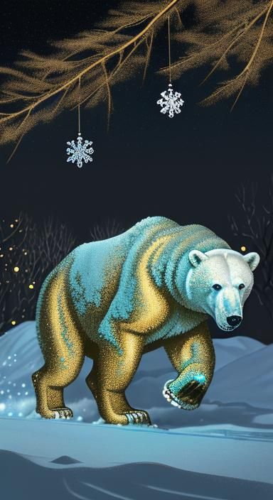 Polar Bear in Japanese Woodblock Print with Gold Snowflakes