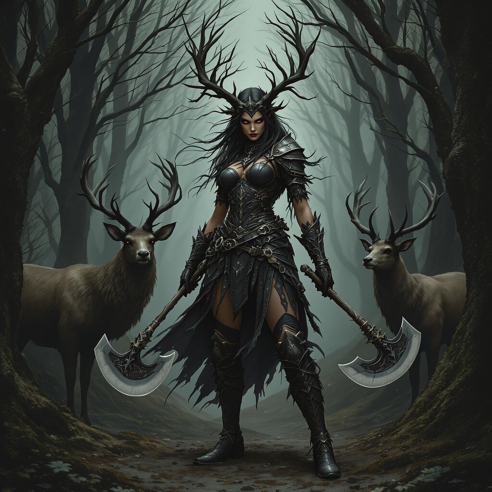 Gothic Female Warrior with Axes in Dark Forest