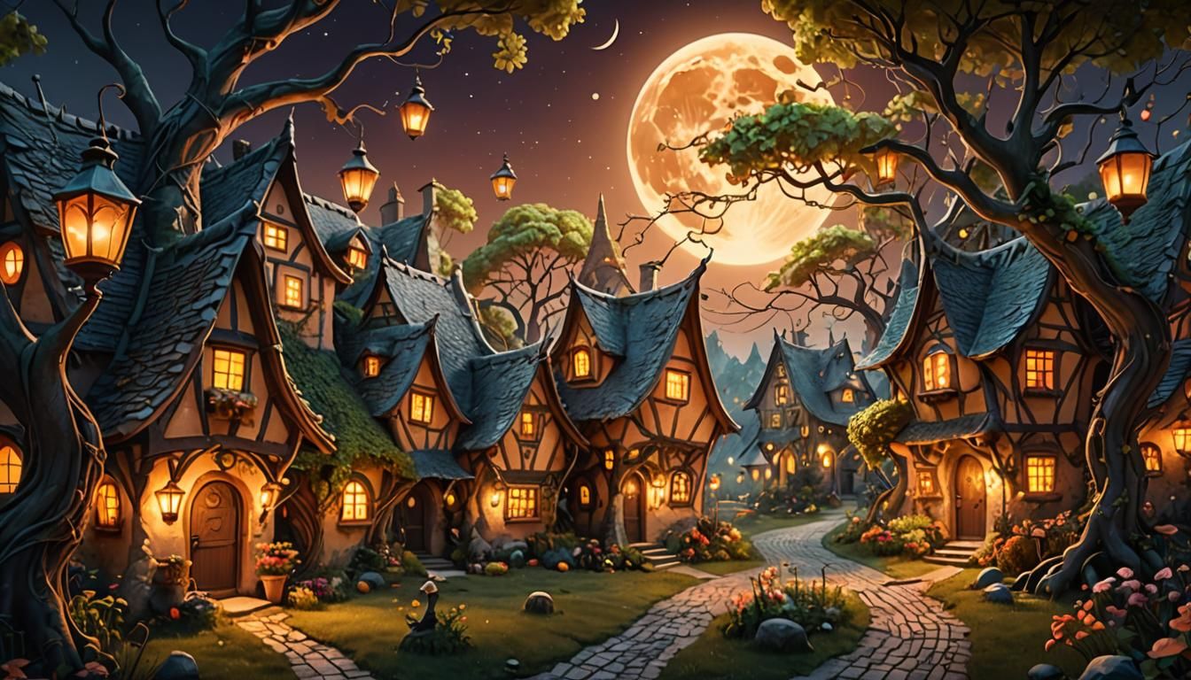 Enchanted Village in Mystical Forest: Fantasy Illustration