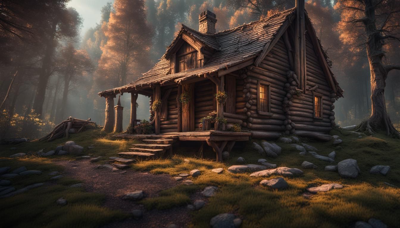 Rustic Cabin in Woods: Detailed Matte Painting