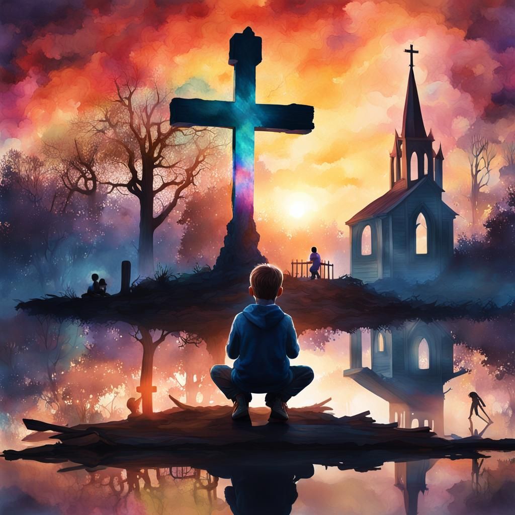 Boy Praying at Cross: Watercolor Double Exposure