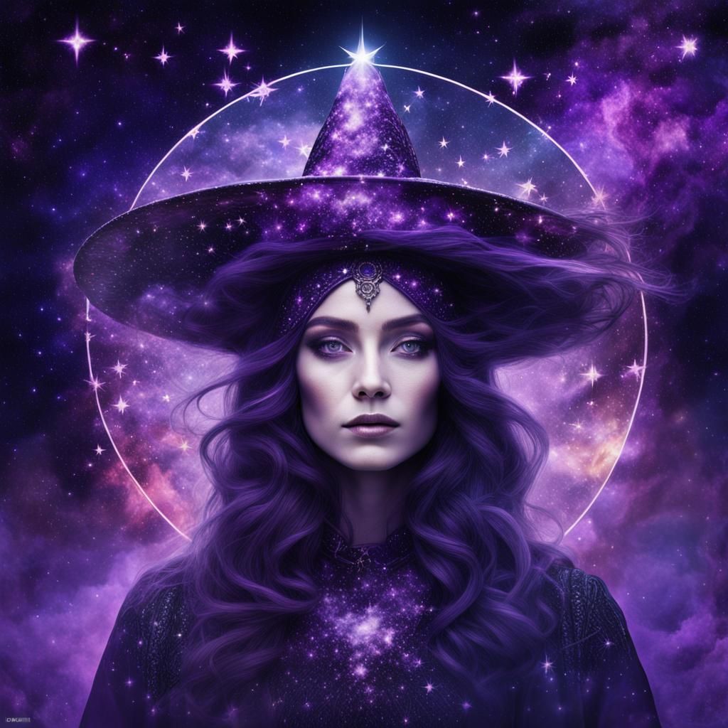 Double exposure of a majestic cosmic witch with stars and ga...