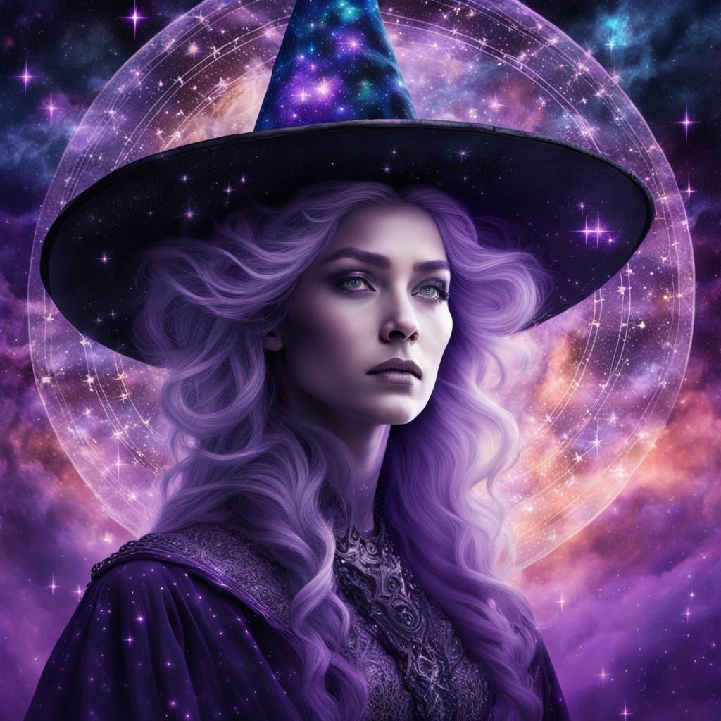 Double exposure of a majestic cosmic witch with stars and ga...