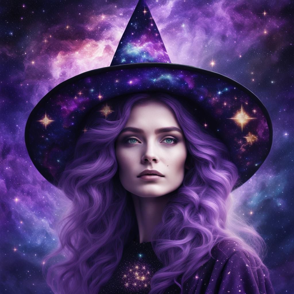 Double exposure of a majestic cosmic witch with stars and ga...