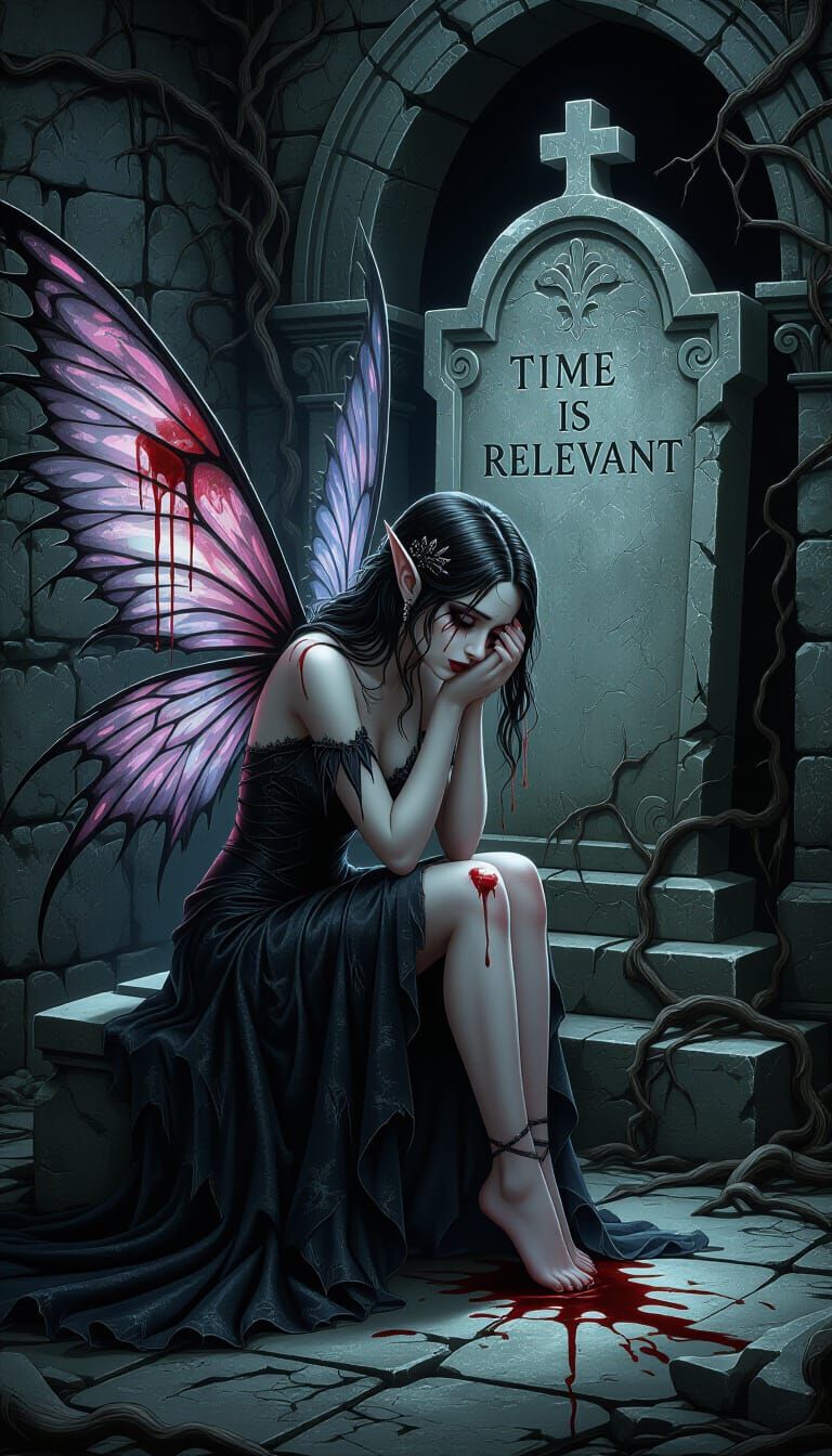 Gothic Fairy Weeping in Mausoleum, Anne Stokes Style