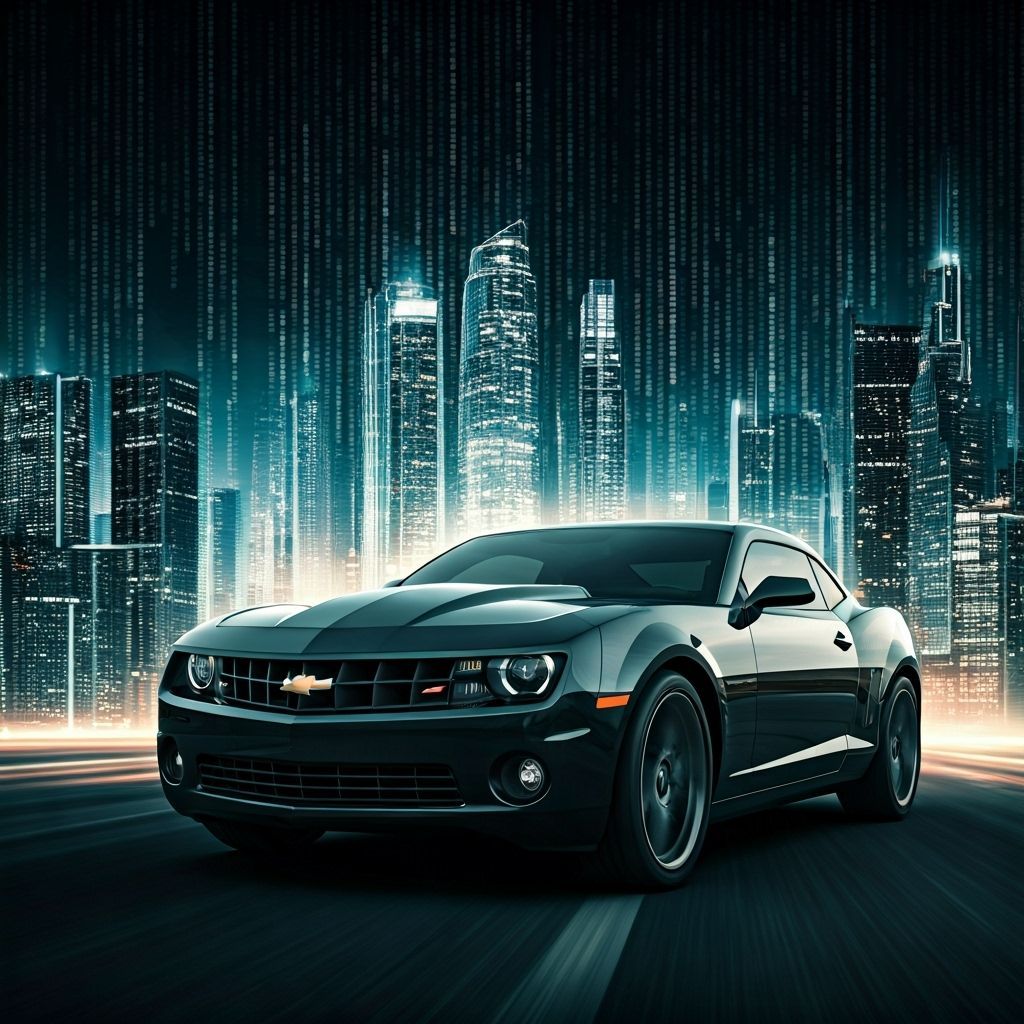 Black Camaro Speeds Through Digital Cityscape