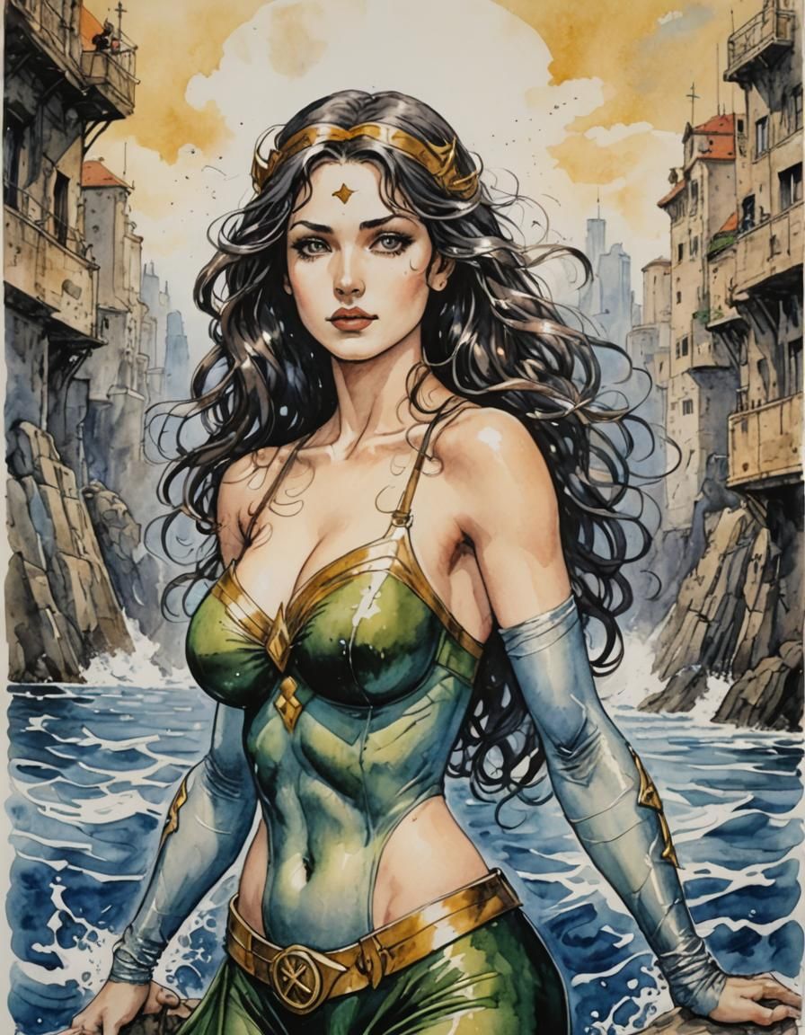 Wonder Mairmaid Superheroine Poster in Watercolor and Ink